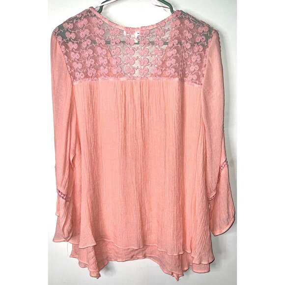 John Paul Richard Pink Lace Peasant Blouse Large 3/4 Elastic Sleeve (19in) - Picture 2 of 5
